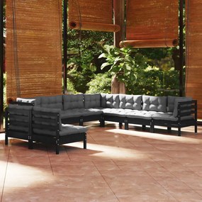 9 pcs conjunto lounge jardim c/ almofadões pinho maciço preto