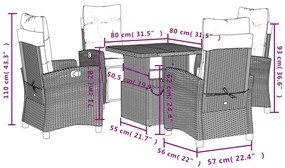 5 pcs conjunto de jantar p/ jardim c/ almofadões vime PE preto