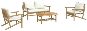 4 pcs conjunto lounge de jardim bambu c/ almofadões branco nata