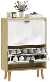 HOMCOM Sapateira Estreita com 2 Portas em Branco Brilhante Estantes Ajustáveis e Pés de Madeira para 12 Pares de Sapatos 60x24x91 cm Branco
