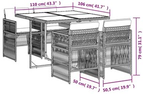 5 pcs conjunto de jantar p/ jardim c/ almofadões vime PE preto