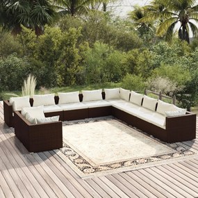 vidaXL 11 pcs conjunto lounge jardim c/ almofadões vime PE castanho