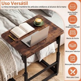 Mesa auxiliar dobrável em forma de C com altura ajustável 59,5 x 39 x 51-66 cm, estrutura metálica, para sala ou quarto, castanho rústico