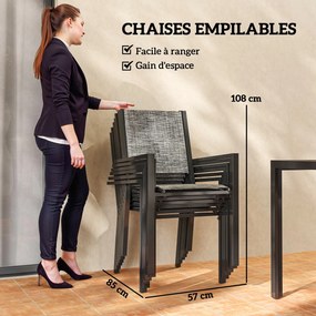 Mesa de jardim para exterior com 6 cadeiras empilháveis, tampo com ripas de 150 cm, estrutura em aço inoxidável, preta