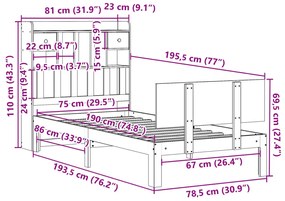 Cama com estante sem colchão 75x190 cm pinho maciço