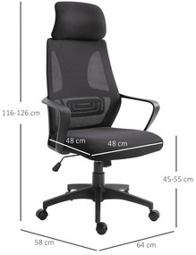 Cadeira de escritório ergonômica inclinável Altura ajustável 64x58x116-126 cm Preto