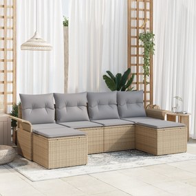 Conjunto de Sofá de Jardim de 6 Peças com Almofadas Bege Rattan Polimé