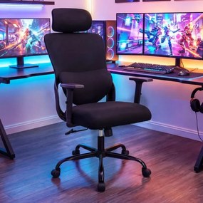 Cadeira ergonómica de escritório com apoio de cabeça ajustável e apoio lombar giratório e reclinável para casa, escritório Preto