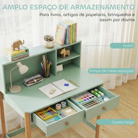 Secretária Infantil (CADEIRA NÃO INCLUIDA) Mesa de Estudo para Crianças com 3 Compartimentos Abertos e 2 Gavetões 90x52x105 cm Verde