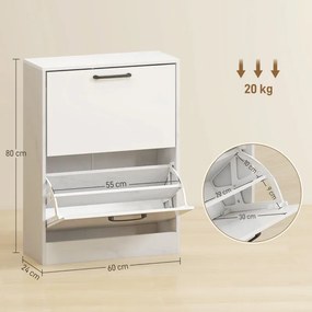 Sapateira Estreita 2 Portas de Alto Brilho 60x24x80 cm com Prateleiras Ajustáveis Design Mármore para 8 Pares de Sapatos  Branco