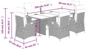 7 pcs conj. jantar p/ jardim c/ almofadões vime PE cinza-claro