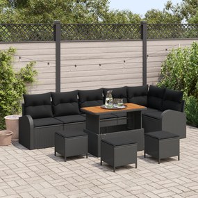 Conjunto de Sofás de Jardim vidaXL com 10 Peças e Almofadas Preto Rattan Sintético Acácia