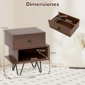 Conjunto de 2 mesas de cabeceira com gaveta removível e compartimento aberto 44 x 29 x 47 cm cor nogueira