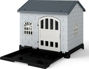 Casota dobrável 75 x 58 x 65 cm de plástico para cães resistente às intempéries para animais de estimação com bandeja sanitária Porta Cinzento escuro
