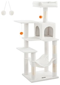 Árvore para gatos Feandrea, torre para gatos de 143 cm para ambientes internos, condomínio de pelúcia para gatos com vários níveis, 4 arranhadores, 2 poleiros, caverna, rede, pompons, creme branco PCT161T01