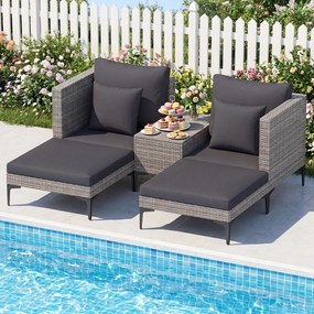 Conjunto jardim de rattan para exterior de 5 peças com mesa auxiliar, 2 sofás, 2 apoios para os pés, almofadas e travesseiros macios, modular, para pá