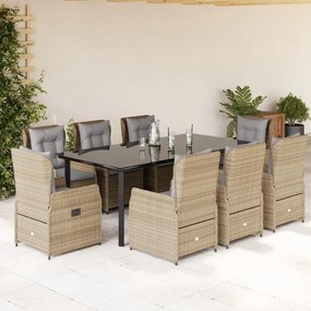 9 pcs conjunto de jantar p/ jardim com almofadões vime PE bege