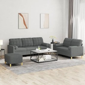 3 pcs conjunto de sofás com almofadas tecido cinzento-escuro