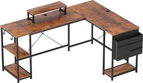 HOMCOM Secretária de canto reversível, 168-240 cm, secretária de computador com prateleira ajustável, suporte para monitor, castanho rústico | Aosom Portugal