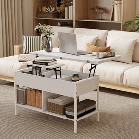 Mesa de centro 98 x 49 x 55 cm elevável e extensível, com compartimento oculto e prateleiras abertas, branca