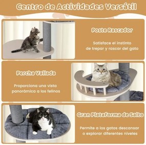 Árvore para gatos de 5 níveis Torre de madeira ajustável de 236-271 cm de altura com gancho casa Postes para arranhar Plataformas cinzentas