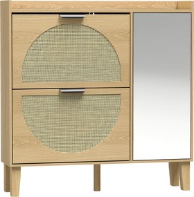 HOMCOM Sapateira Estreita Boho com Espelho, 2 Portas em Rattan, Armário, 10 Pares, Prateleiras Ajustáveis, 94,5x24x96,5 cm, Carvalho | Aosom Portugal
