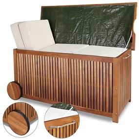 Caixa de armazenamento com rodas para guardar almofadas em madeira de acácia 120 x 55 x 60 cm Castanho