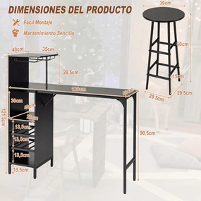 Conjunto mesa 120 x 40 x 120 cm e 2 cadeiras de bar, mesa e bancos industriais com suportes para copos, estantes para sala de jantar e cozinha, preto