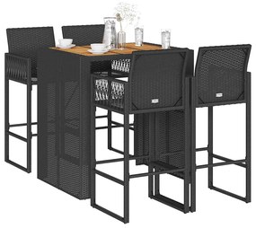 5 pcs conj. de bar jardim sem almofadões vime PE/acácia preto