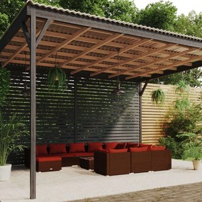 vidaXL 12 pcs conjunto lounge jardim c/ almofadões vime PE castanho