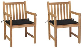 Cadeiras de jardim c/ almofadões pretos 2 pcs teca maciça