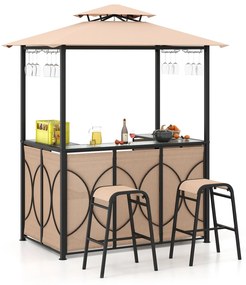 Conjunto de bar de pátio de 3 peças com prateleiras de metal e suportes de vidro - cinza