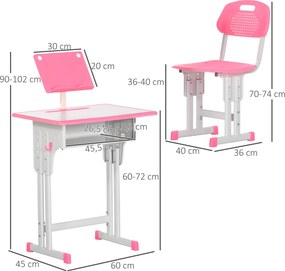 Conjunto de Secretária e Cadeira para Crianças com Altura Ajustável 1 Gaveta e 1 Prateleira para Livros 60x45x90-120 cm Rosa