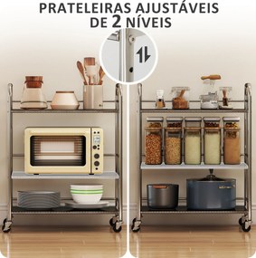 Carrinho Auxiliar cozinha com Rodas de Aço Inoxidável de 3 Níveis com Prateleira Ajustável 2 Rodas com Travão 60x35x77 cm Prateado