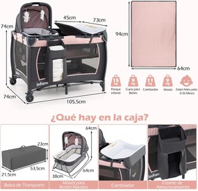 Berço com Centro de atividades 5 em 1 para bebés, parque e mesa para trocar fraldas. Inclui brinquedos suspensos, caixa de música, rodas e cesto. Pret