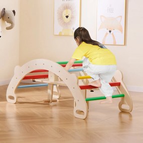 Brinquedo de trepar para crianças em madeira para interior 4 em 1 com arco de trepar, baloiço, túnel de gatinhar, encosto e assento lisos Multicolorid