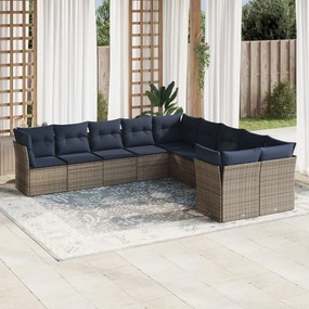 vidaXL 10 pcs conjunto sofás p/ jardim c/ almofadões vime PE cinzento