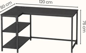 Secretária com espaço de arrumação em L 120 x 80 x 76 cm, prateleira ajustável em altura Preto