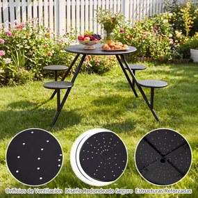 Conjunto de Mesa de Piquenique Redonda e 4 Cadeiras, 168 x 73 cm, Estrutura Metálica Resistente às Intempéries, Preto