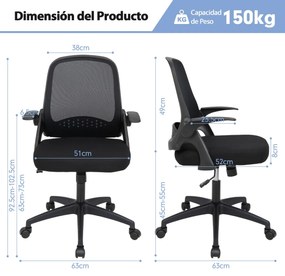 Cadeira de escritório ergonómica com apoios de braços dobráveis Cadeira giratória ajustável em altura 63 x 63 x 92,5 -102,5 cm Preto