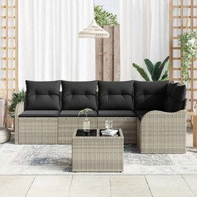 Sofá de Jardim 6 Peças com Almofadas de Rattan Poli Cinza.