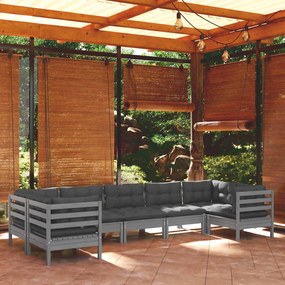 7 pcs conjunto lounge de jardim c/ almofadões pinho cinza