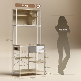 Armario de Cozinha Suporte de Micro-ondas com Prateleiras e 6 Ganchos para Espaços Pequenos 80x40x181 cm Carvalho