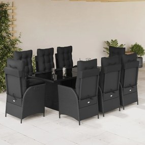 9 pcs conjunto de jantar p/ jardim c/ almofadões vime PE preto