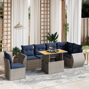 vidaXL 7 pcs conjunto sofás p/ jardim c/ almofadões vime PE cinzento