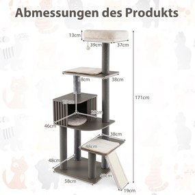 Arranhador para gatos de 171 cm com caverna cinzento