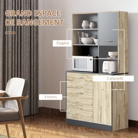 Aparador de cozinha com armário de cozinha com vários compartimentos: 2 portas, 3 gavetas, 3 prateleiras + tabuleiro grande; 90 x 39 x 169 cm; bicolor