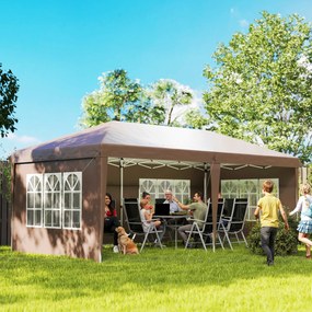 Tenda Dobrável 6x3 m Pop-up com 4 Laterais Removíveis Toldo de Jardim com 4 Janelas e Bolsa de Transporte Castanho