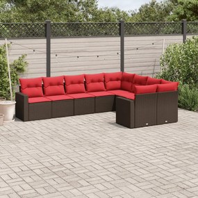 9 pcs conjunto sofás p/ jardim c/ almofadões vime PE castanho