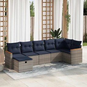 7 pcs conjunto sofás p/ jardim c/ almofadões vime PE cinzento